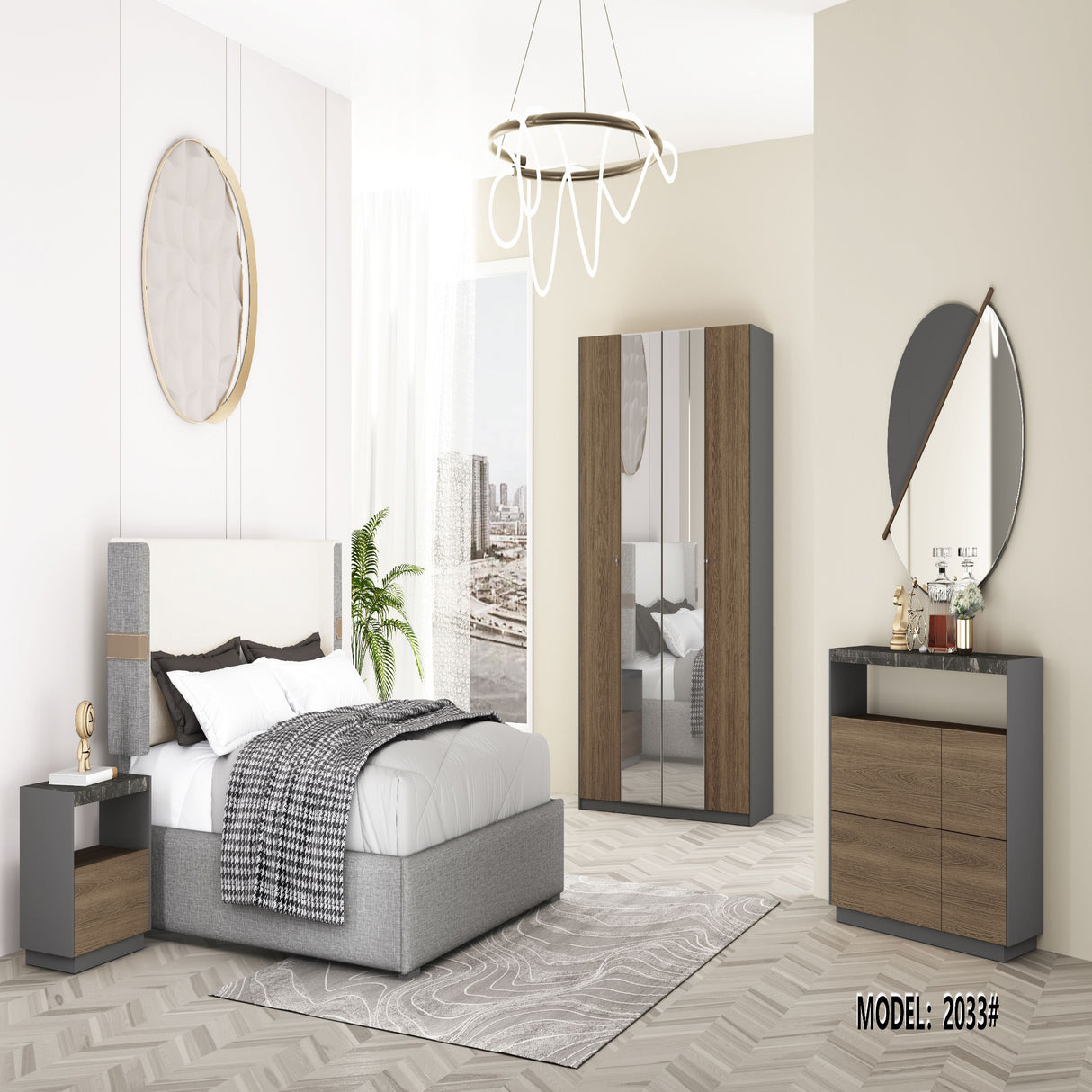 Selena's bedroom in gray and wood