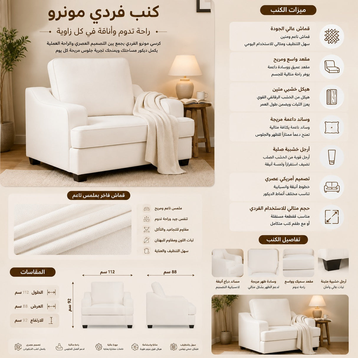 كنب فردي مونرو باللون الأبيض
