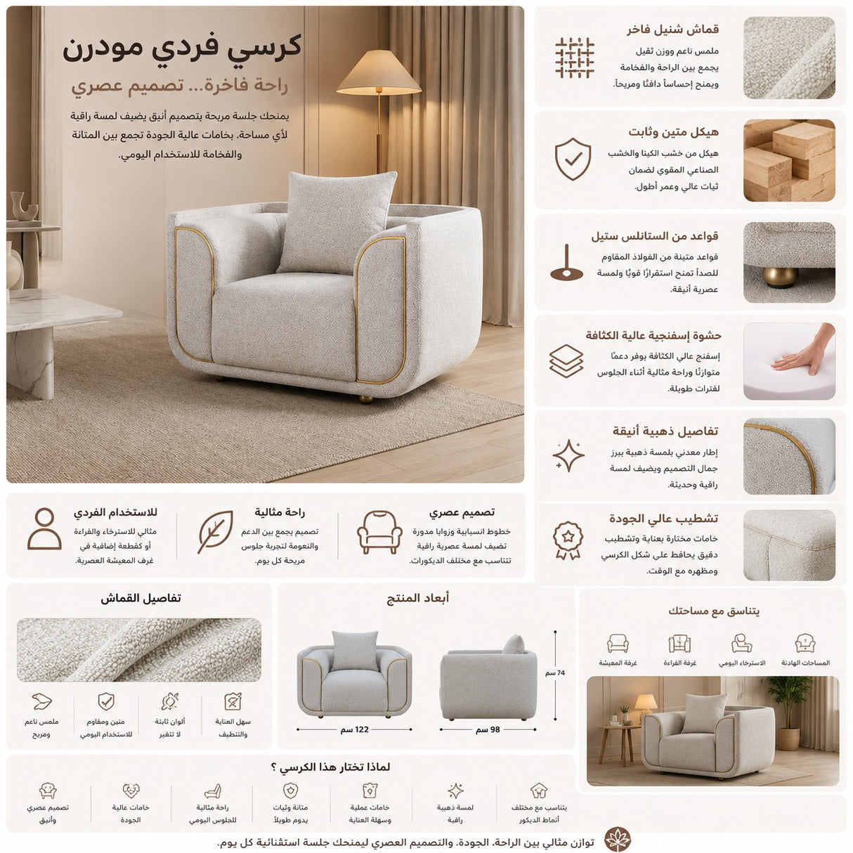 كنب فردي فيلارا باللون البيج