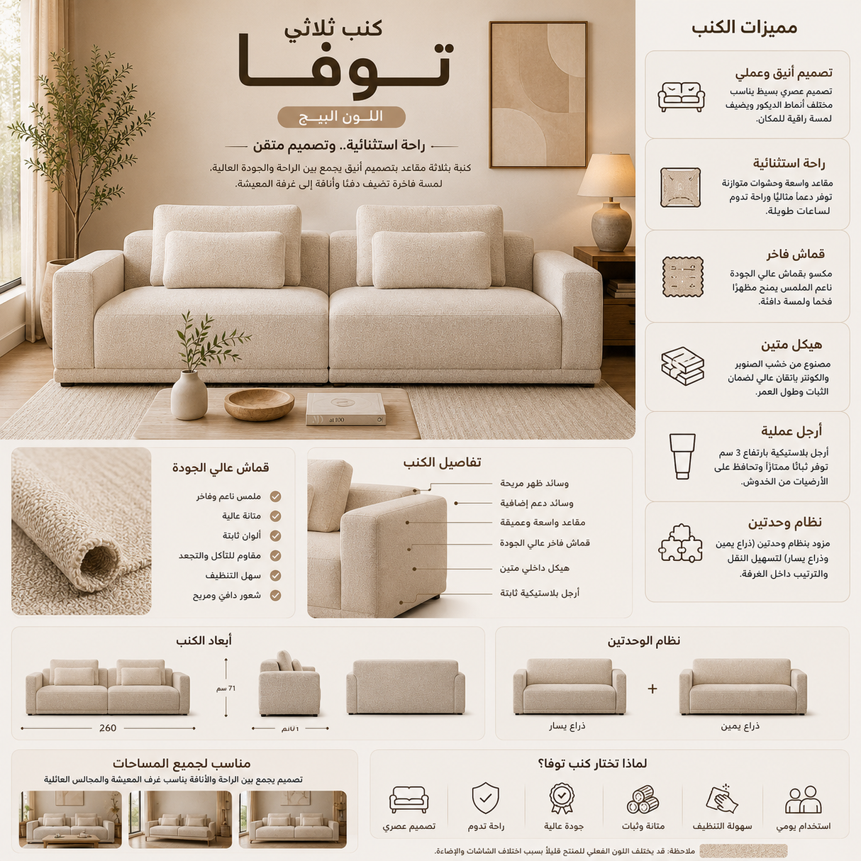 كنب ثلاثي توفا باللون البيج