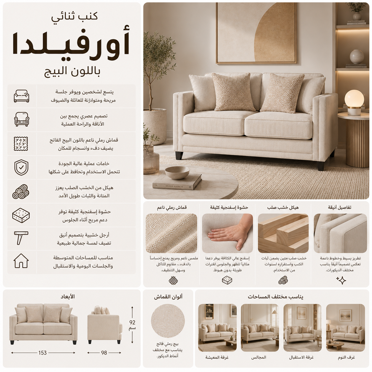كنب ثنائي أورفيلدا باللون البيج