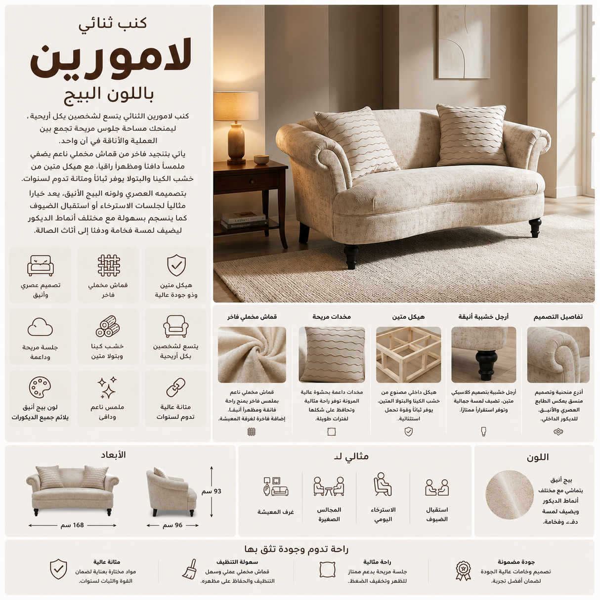 كنب ثنائي لامورين باللون البيج