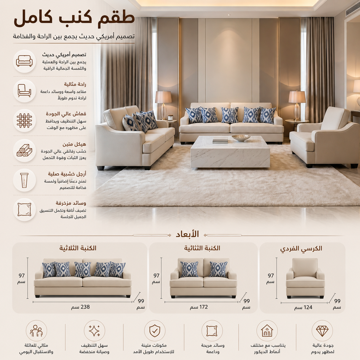 طقم كنب مونرو باللون الأبيض