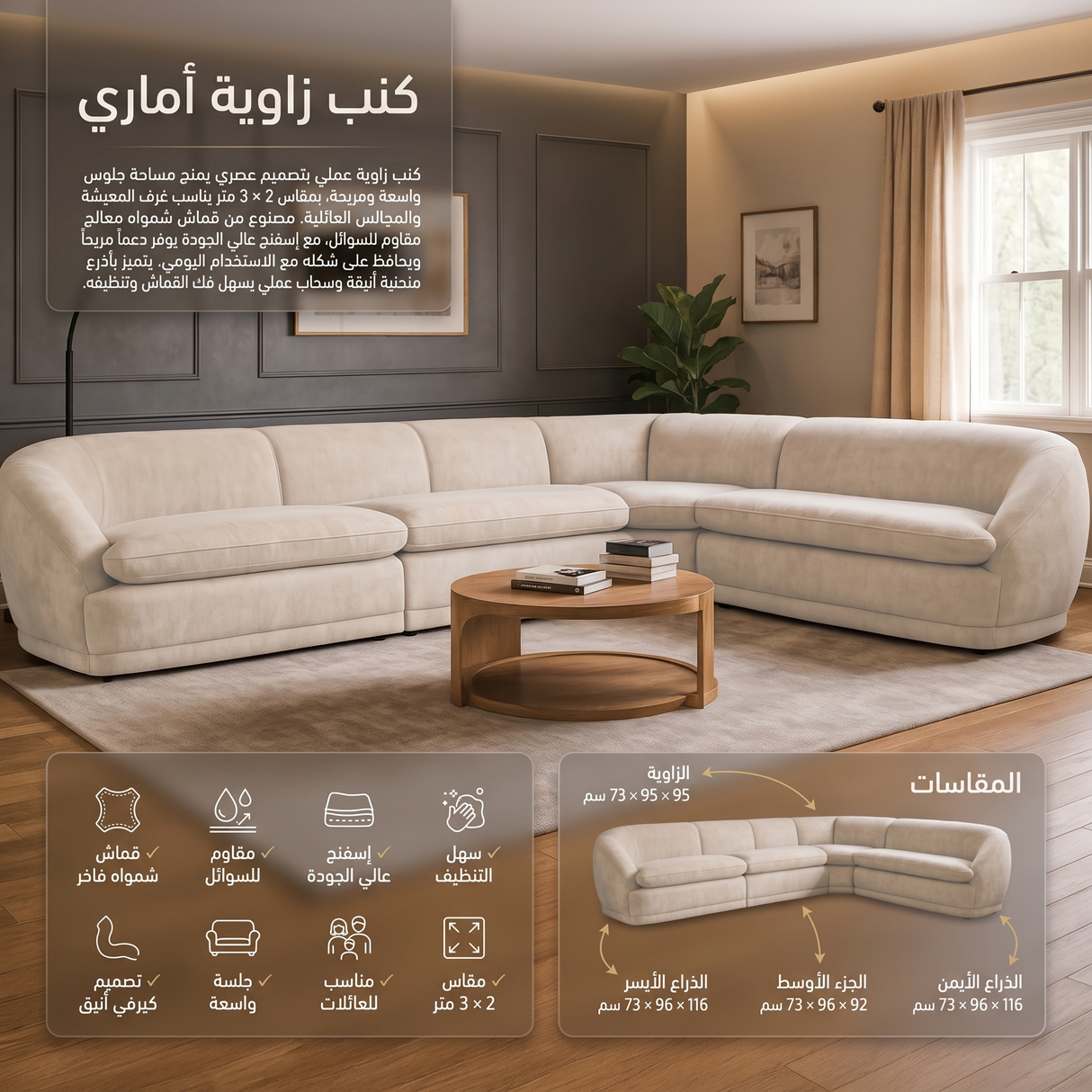 كنب زاوية أماري باللون البيج